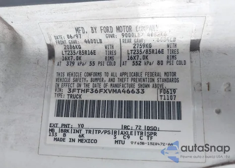 1997 Ford F-350 Xl z USA, uszkodzony, nr VIN 3FTHF36FXVMA46633